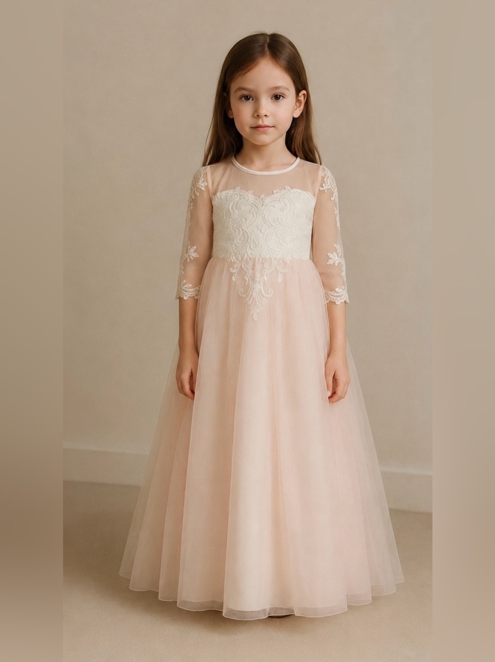 Flower Girl -Communion -Wedding Dress Little Girls Size 6/7 White Peach Pink